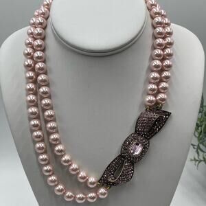 Heidi Daus "Beaux Arts" Pink Pave Crystal Bow Pearl Beaded Two Strand Necklace